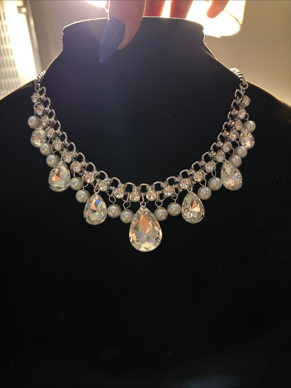 Paparazzi Silver Teardrop Crystal & Pearl Statement Necklace